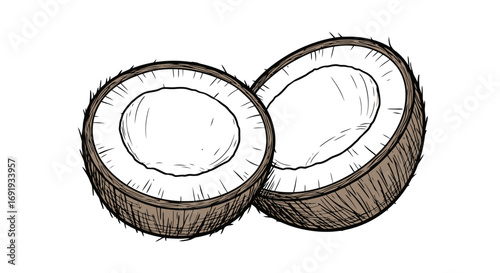 Halved coconut showing white flesh and brown husk.