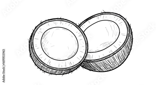 Halved coconut showing white flesh and brown shell.