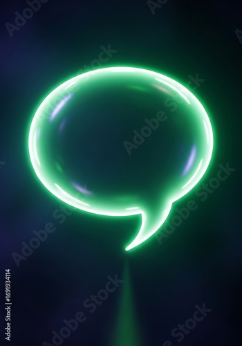 Illuminated speech bubble: A vibrant green communication symbol against a dark backdrop with subtle blue highlights