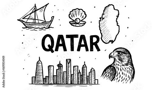 Qatar landmarks and symbols: hand drawn elements of culture and heritage