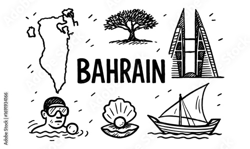 Hand drawn symbols and landmarks of bahrain featuring iconic structures and local culture