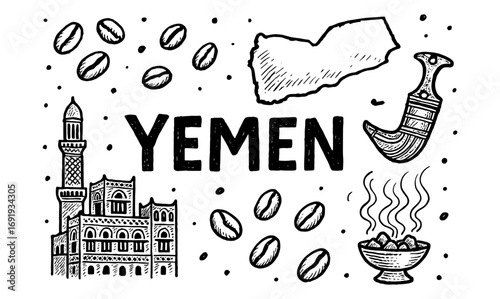 Hand drawn yemen elements with coffee beans, traditional dagger, and architecture