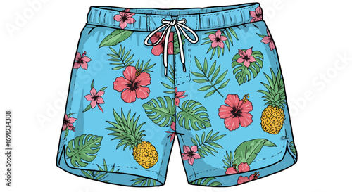 Mens Blue Pineapple Floral Swim Trunks Shorts.