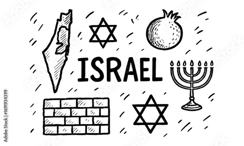 Doodle style symbols of israel: map, star, pomegranate, menorah, western wall