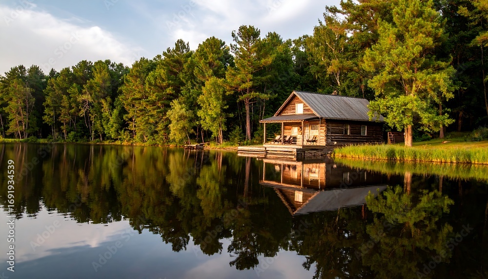 Obraz premium Peaceful cabin by a serene lake at sunset