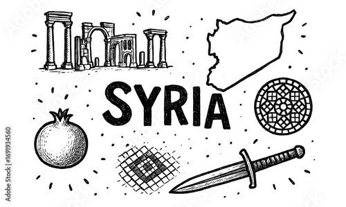 Hand-drawn syrian icons including map, palmyra, pomegranate, and traditional symbols