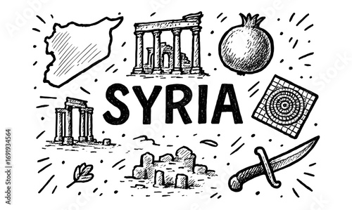 Hand drawn syria elements featuring ancient ruins, pomegranate, and traditional dagger