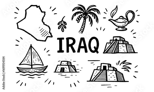 Hand drawn icon set featuring iraq landmarks and symbols in vintage style