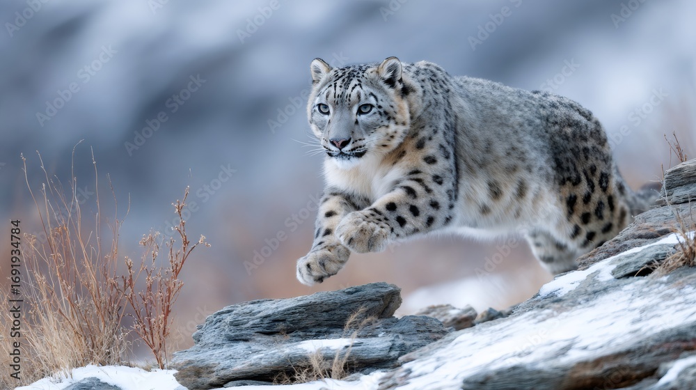Fototapeta premium Snow leopard jumping from rocks in snowy mountain habitat
