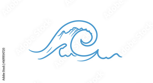 Ocean wave curl drawing blue line art.