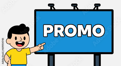 Cartoon Character Pointing at Promo Billboard Sign