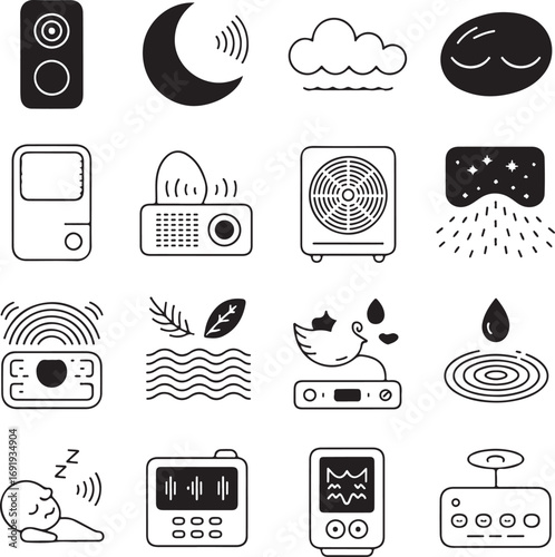 Collection of sleep aid and sound machine icons in black and white symbol