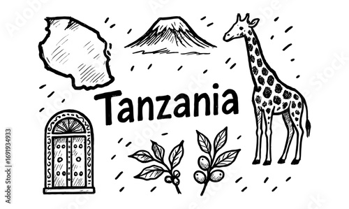Tanzania hand drawn elements: map, giraffe, coffee, and iconic symbols