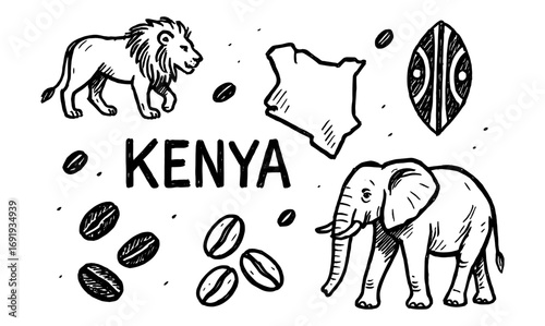 Hand-drawn kenya theme with lion, elephant, map, shield, and coffee beans