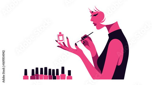 Stylish woman with short blonde hair applying pink nail polish to her fingernails with a brush and a collection of polish bottles