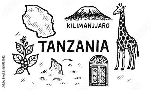 Hand drawn tanzania elements: kilimanjaro, wildlife, traditional art
