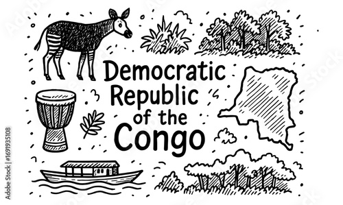Hand drawn doodle art of democratic republic of the congo symbols and map