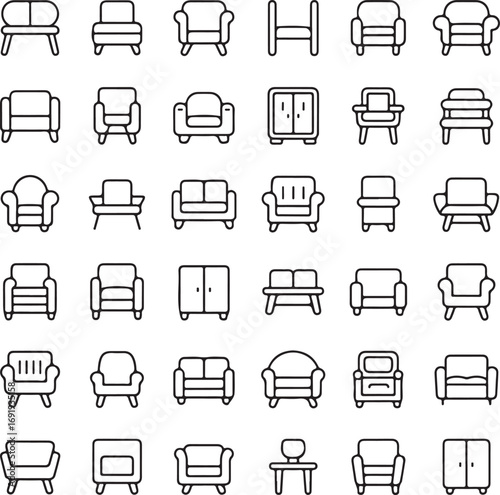 Diverse collection of armchair and sofa icons in various styles furniture