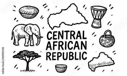 Central african republic symbols: map, elephant, drum, and traditional icons in hand drawn style