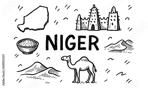 Hand drawn elements of niger: map, landmark, camel, and more