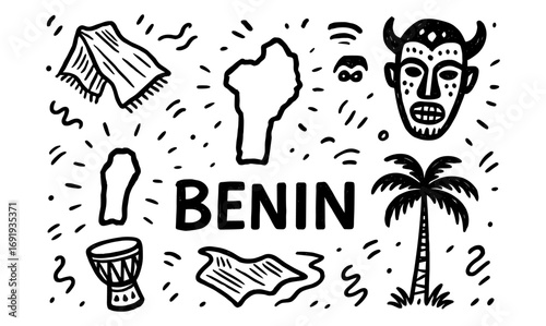 Benin doodle art with tribal mask, drum, palm, and map elements in black and white
