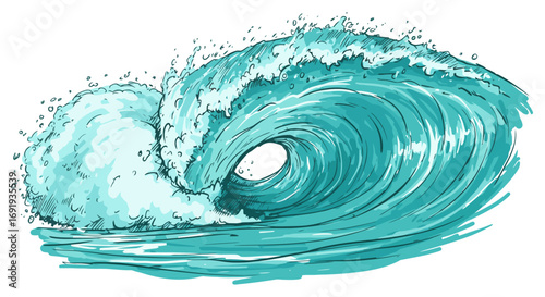 Ocean wave curling crashing powerful turquoise water.