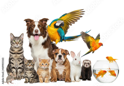 Wallpaper Mural Happy Border Collie, macaws, and various domestic pets on transparent studio background, high-key, concept of interspecies animal harmony. Torontodigital.ca