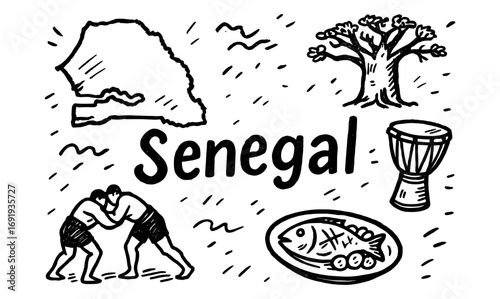 Stylized senegal icon set featuring wrestling, baobab, and traditional elements