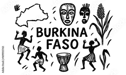 Hand drawn burkina faso culture with masks and dancing figures