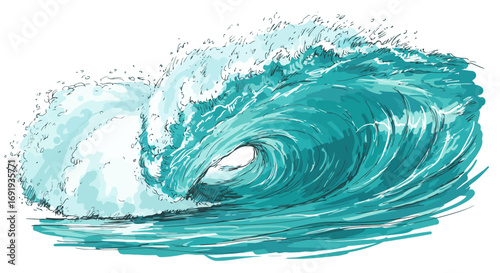 Ocean wave curling turquoise water powerful surge.