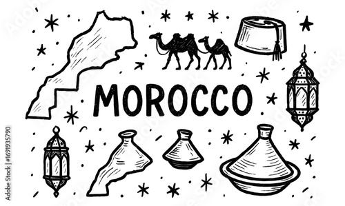 Moroccan culture icons: traditional elements and symbols in sketch style