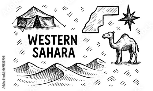 Western sahara sketch design with camel, tent, dunes, and compass elements