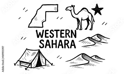 Hand drawn western sahara elements: camel, map, dunes, tent, star