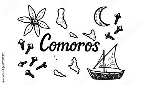 Hand drawn comoros elements with cloves, boat, moon, and map silhouettes