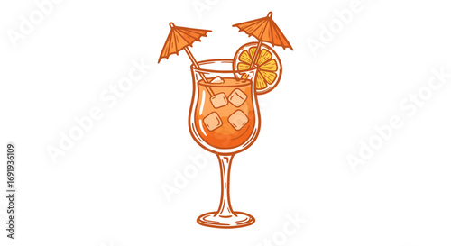 Orange cocktail drink with ice and umbrellas.