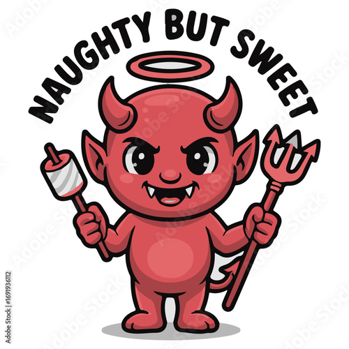 Naughty But Sweet Devil Illustration with Halo, Trident, and Marshmallow