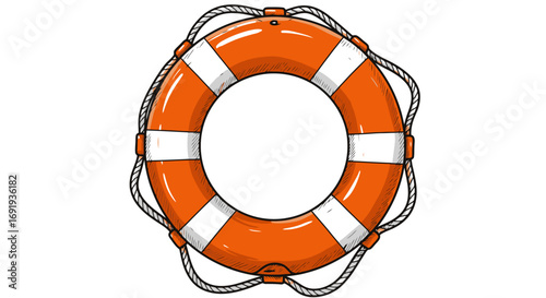 Orange life preserver with white stripes and rope.