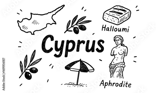 Cyprus symbols: halloumi, olive branch, aphrodite, island map, and beach umbrella in sketch style