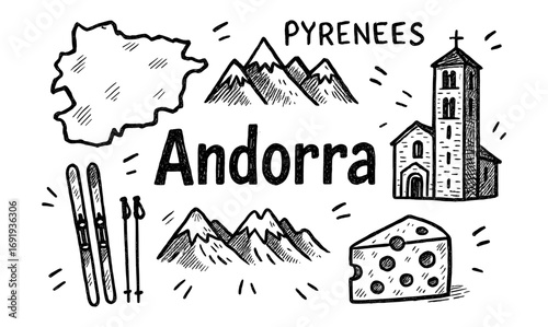 Hand-drawn andorra elements with mountains, cheese, and ski gear