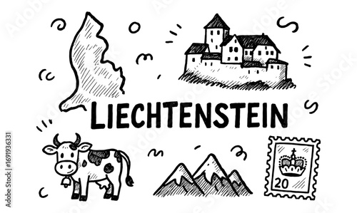 Liechtenstein icons: hand drawn map, castle, cow, mountains, and stamp