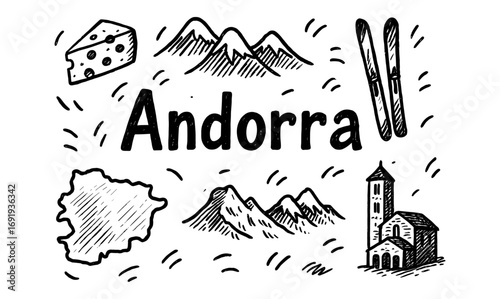 Andorra sketch: mountains, cheese, and cultural icons in hand-drawn style