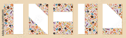 Groovy retro music banner design in a colorful pattern set. Funky cassette, boombox and record banner poster set. Bright background for party or y2k event.