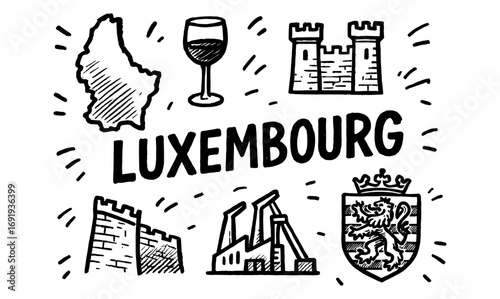 Luxembourg doodle: crest, map, wine, fortress, industrial icons