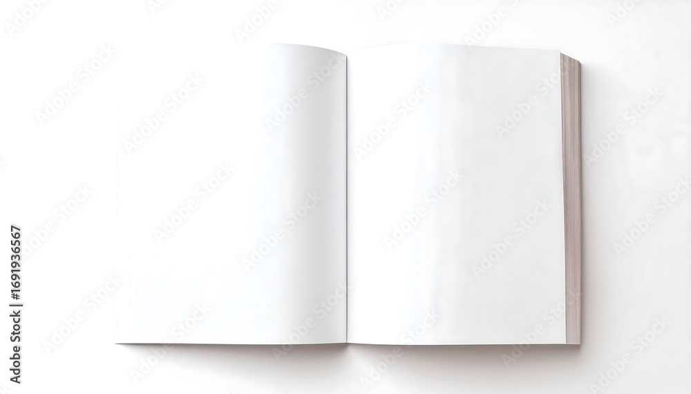 Naklejka premium Open Blank Book on White Surface, Minimalist Composition, Clean Aesthetic.
