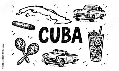 Cuba sketch: classic cars, island outline, cocktails, cigars, and maracas