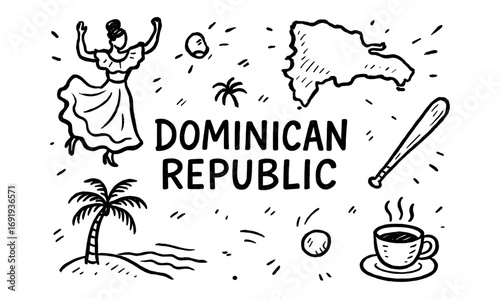 Dominican republic icon set with traditional symbols and outline style