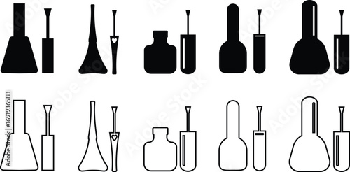 Nail polish bottle and brush icon set, black line and solid silhouette style, beauty cosmetics container group, manicure equipment collection, flat minimal vector illustration design
