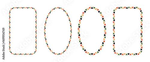 African pattern circle and rectangle frame. Mexican ethnic motif border. Triangular islamic ornament emblem. African ethnic culture ornament Vector illustration isolated on white background.