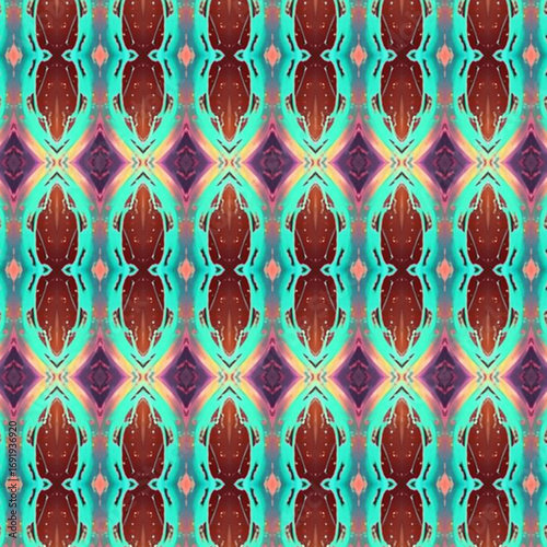Seamless abstract pattern with glowing turquoise, maroon, and pink symmetrical oval designs, creating a futuristic and decorative texture.