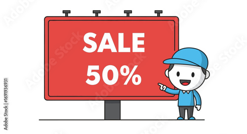 Cartoon Character Pointing at Sale Billboard with 50% Discount